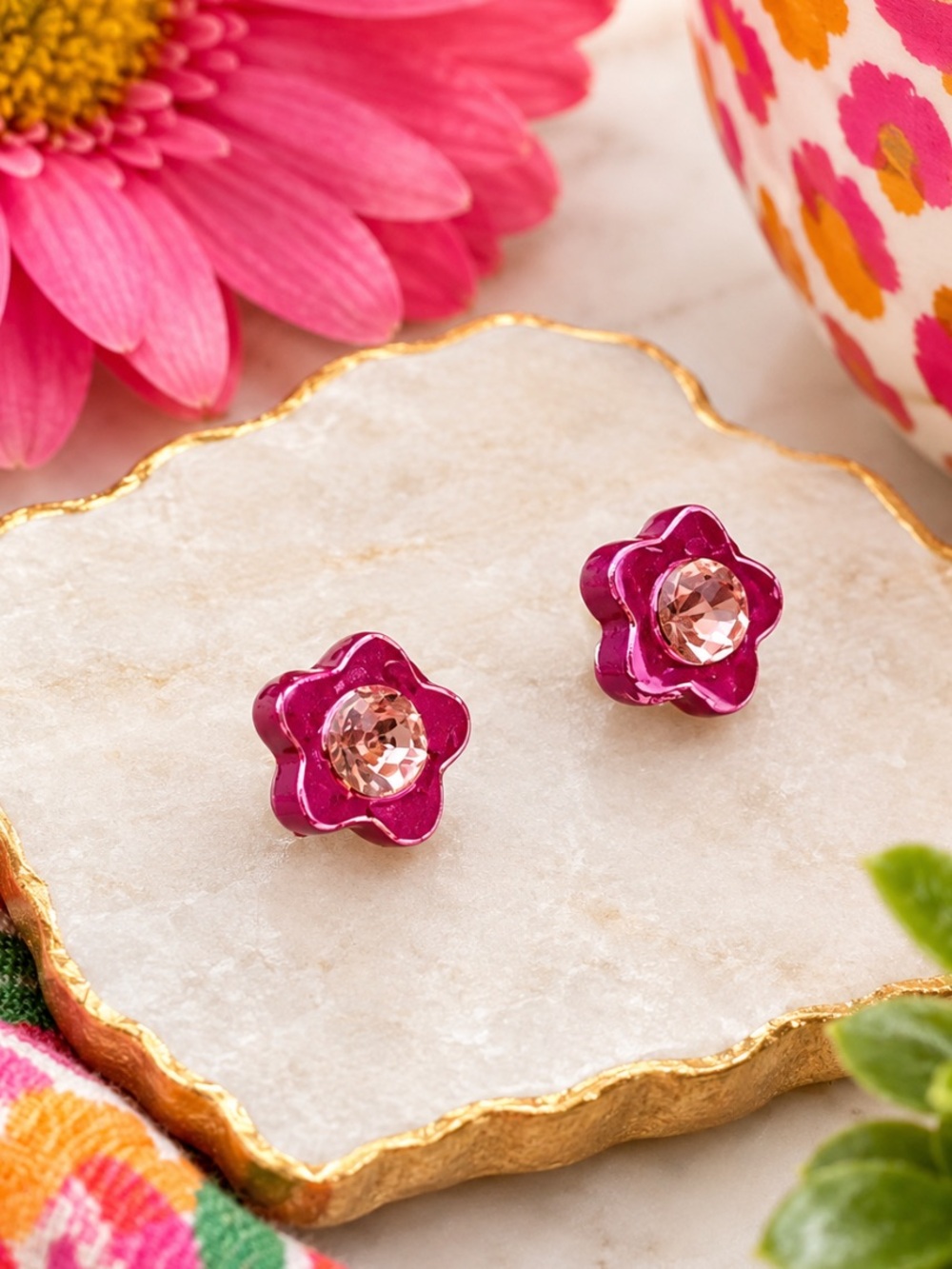 Pink Purple Crystal Flower Stud Earrings